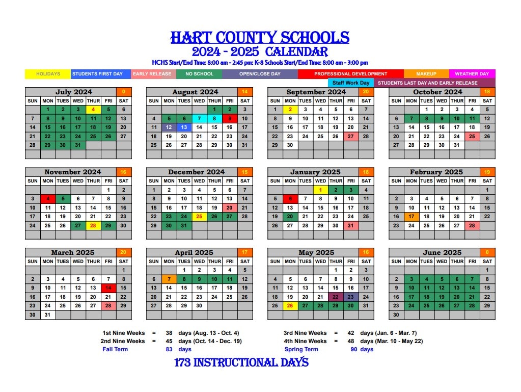 Hart County Schools Calendar 2024 and 2025