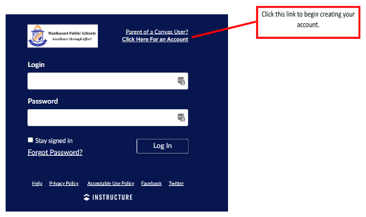 Canvas parent login page showing where to create a parent account