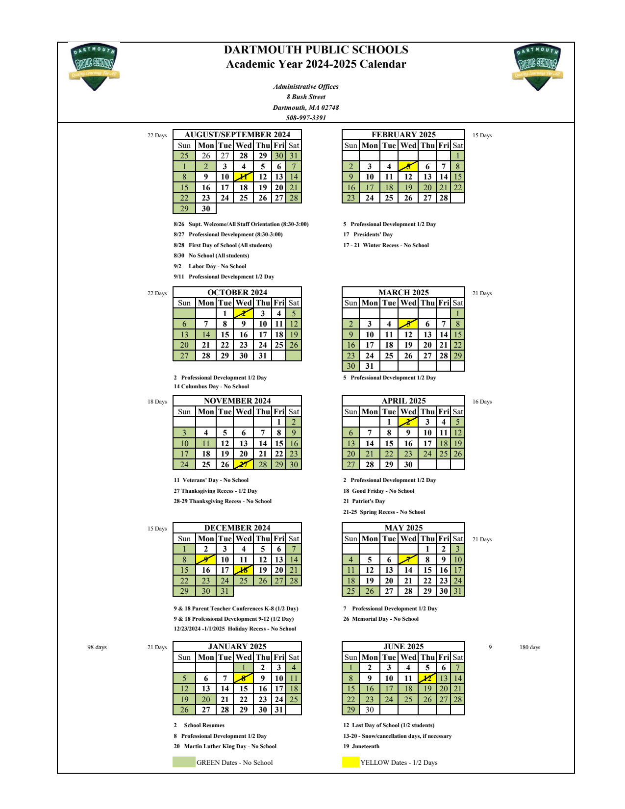 2024 2025 District Calendar Dartmouth Middle School