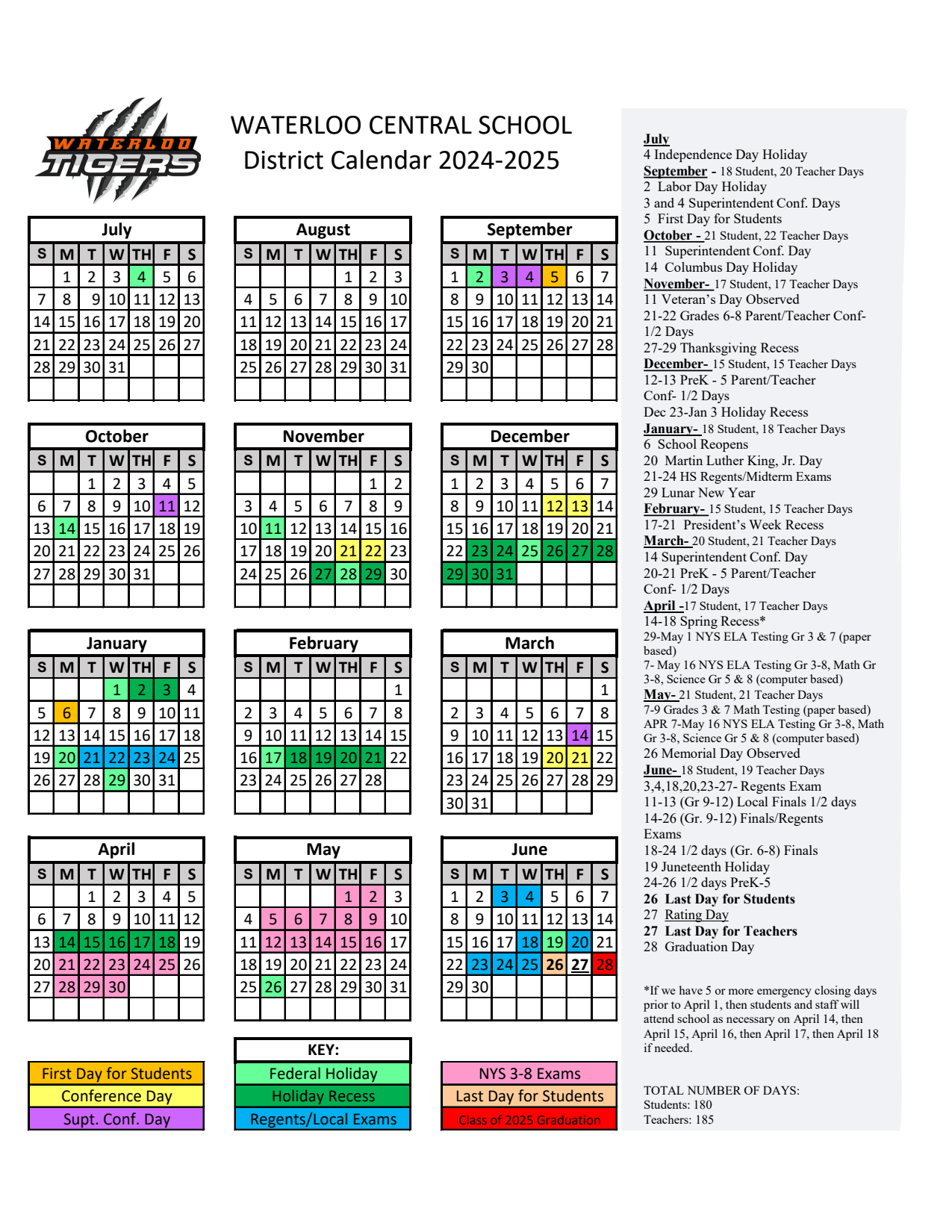 20242025 District Calendar Waterloo Central School District