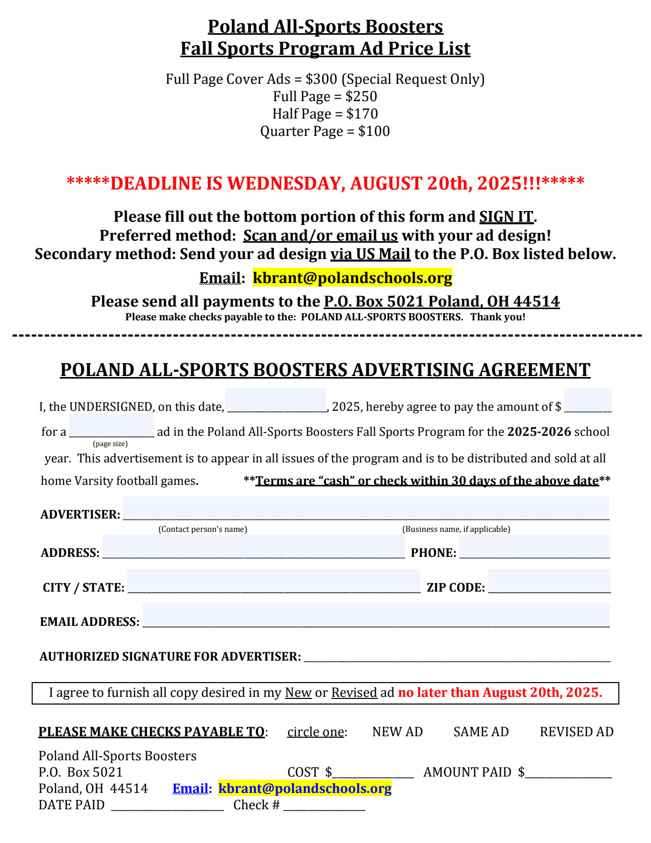 Fall Sports Program Ad Form