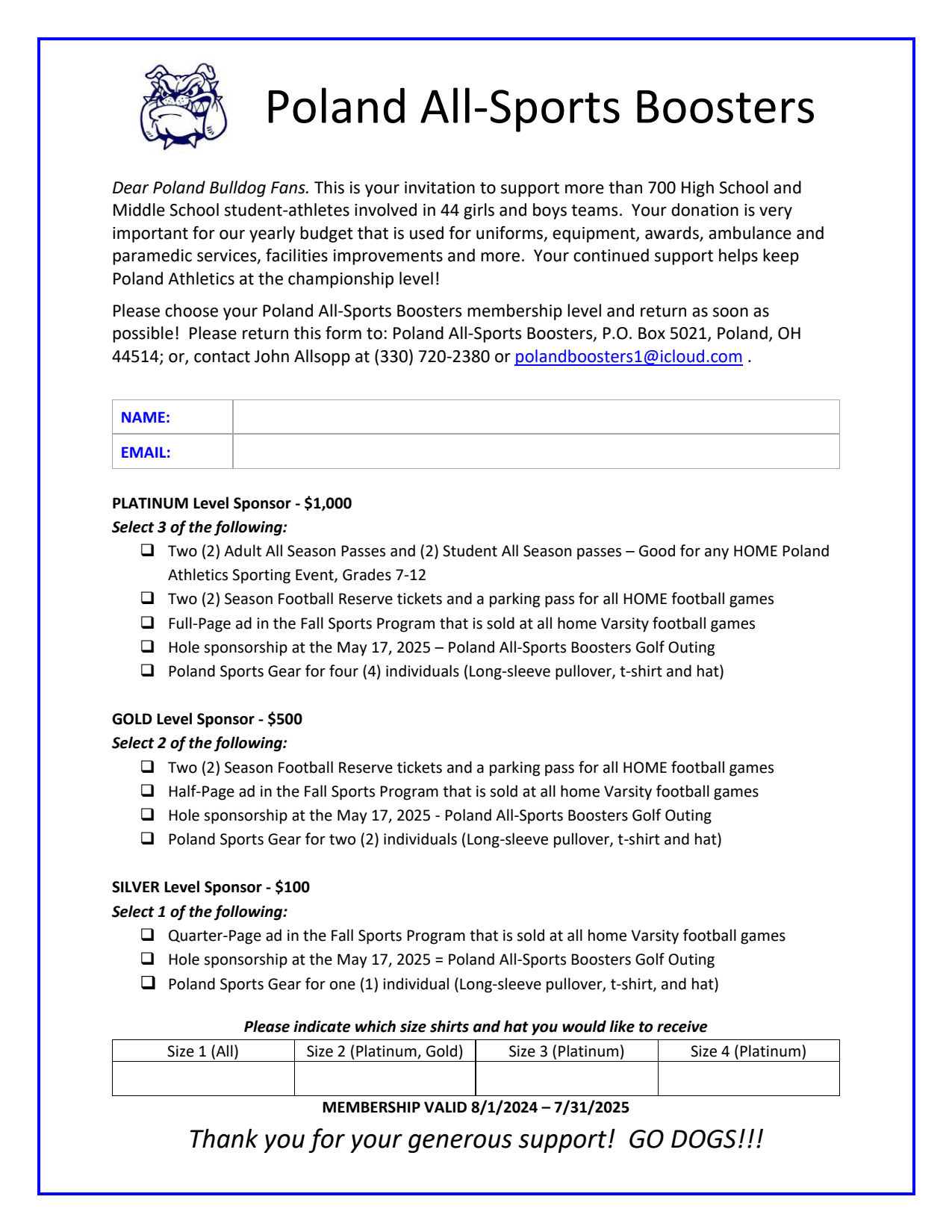 All Sports Booster Club Sponsorship Form