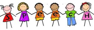 Children holding hands. Each child&#39;s shirt has a letter on it, to spell out &quot;SPEECH&quot;.