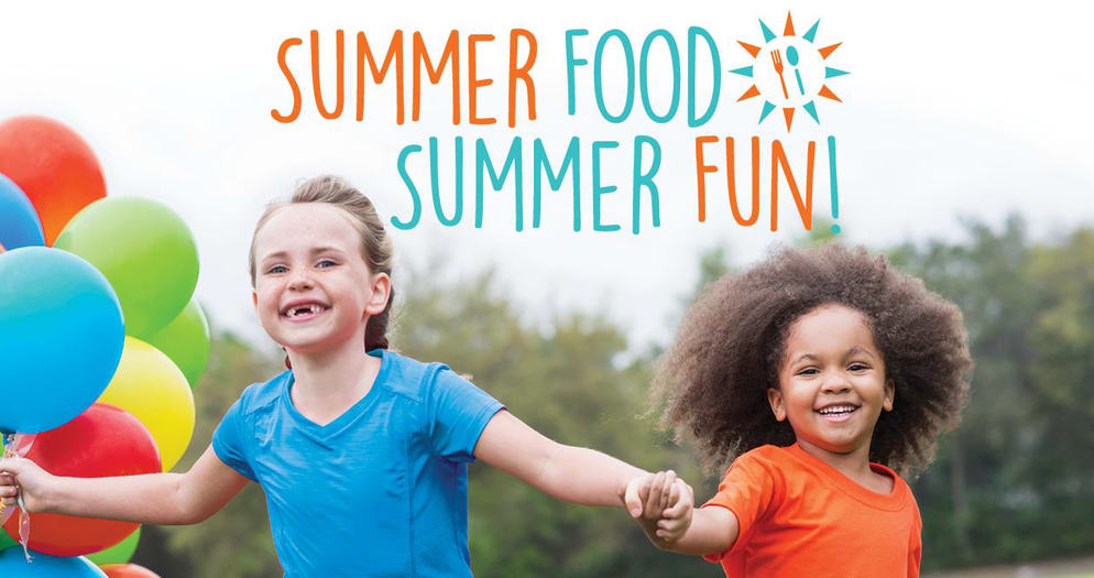 Two smiling children holding colorful balloons in a grassy outdoor setting with the text %22Summer Food Summer Fun!%22 displayed above them.