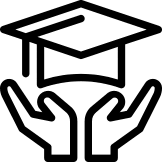 Graduation cap icon held by hands, symbolizing achievement and success in completing academic studies.