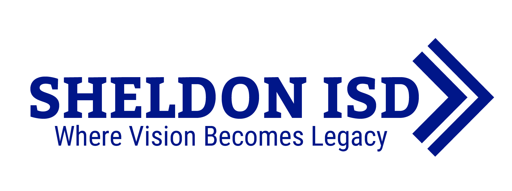 Sheldon ISD logo in blue with motto Where vision becomes legacy underneath.