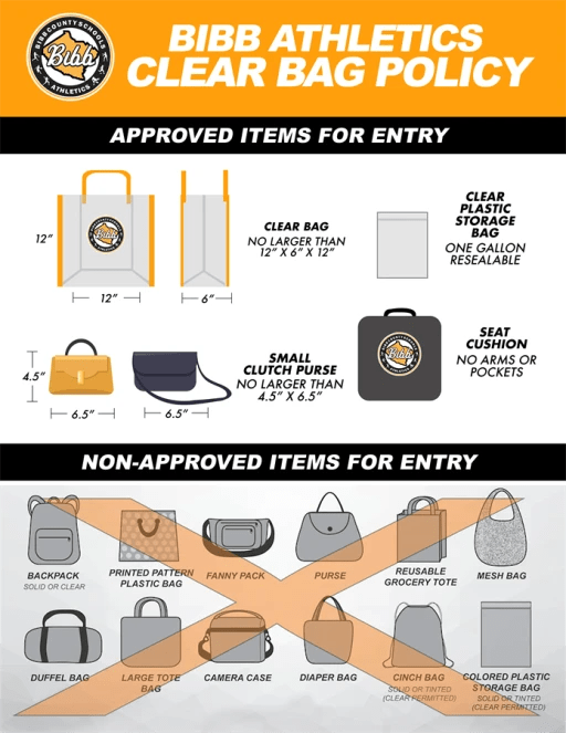 Inforgraphic that describes the clear bag policy for Bibb Athletics