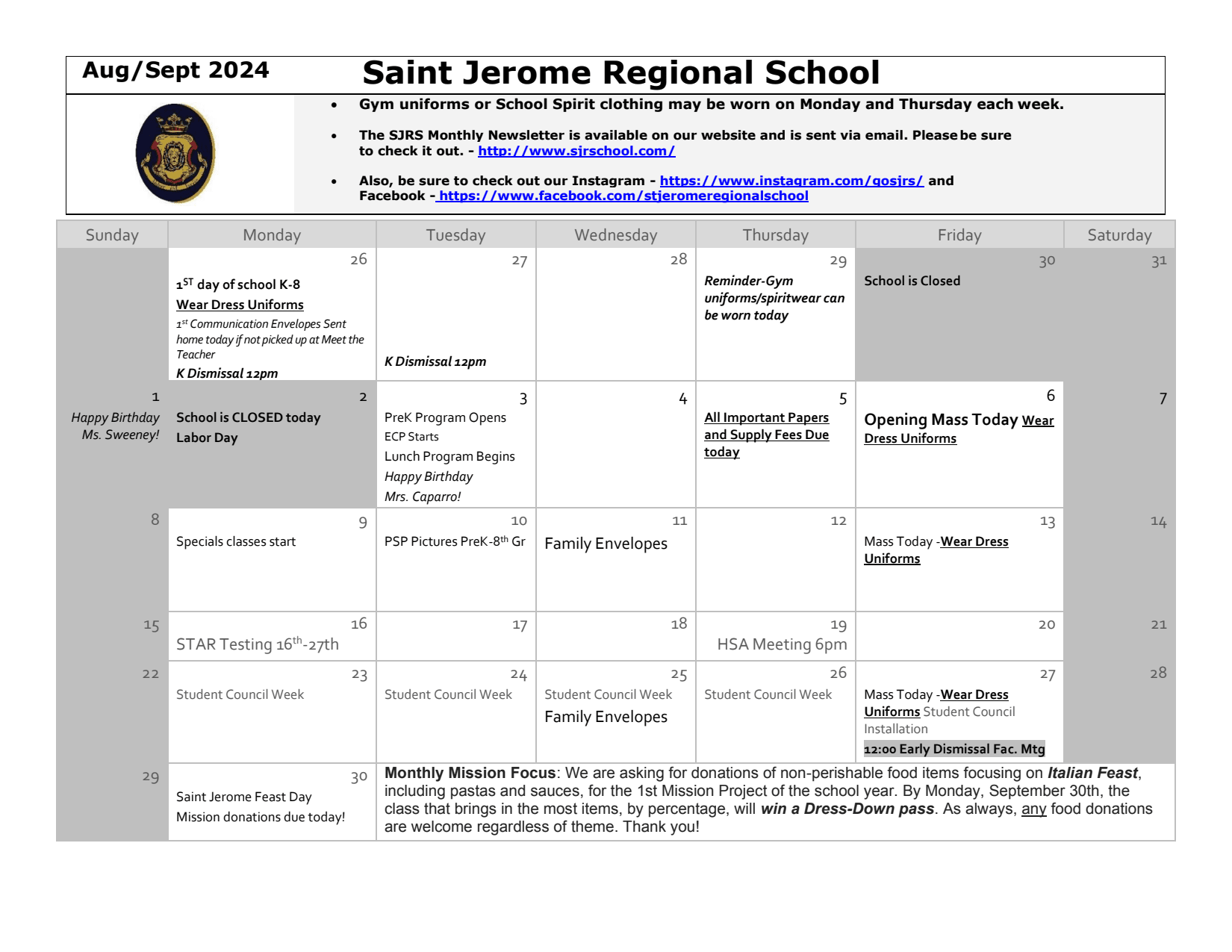 Monthly Calendar - St. Jerome Regional School