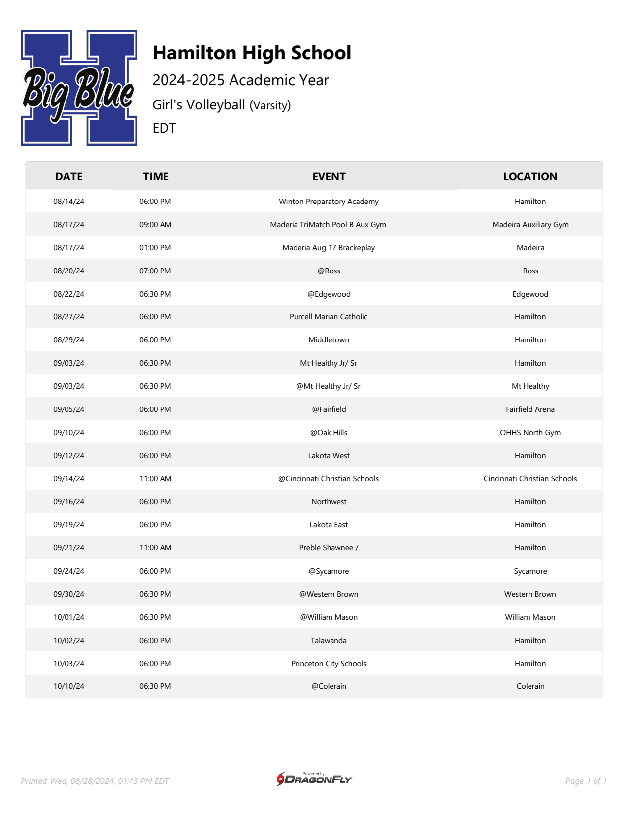 Hamilton Colelge Printable Schedule