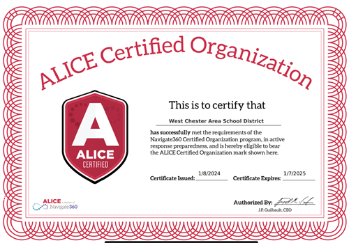 WCASD Receives Second-Year Alice Certification - West Chester Area 