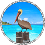 Drawing of pelican on post with ocean background