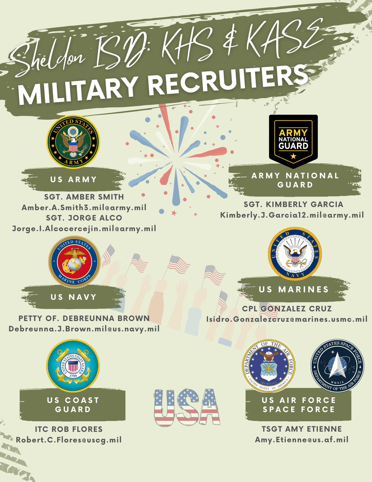 Graphic for Sheldon KHS and KASE military Recruiters with the various military branch logos on it
