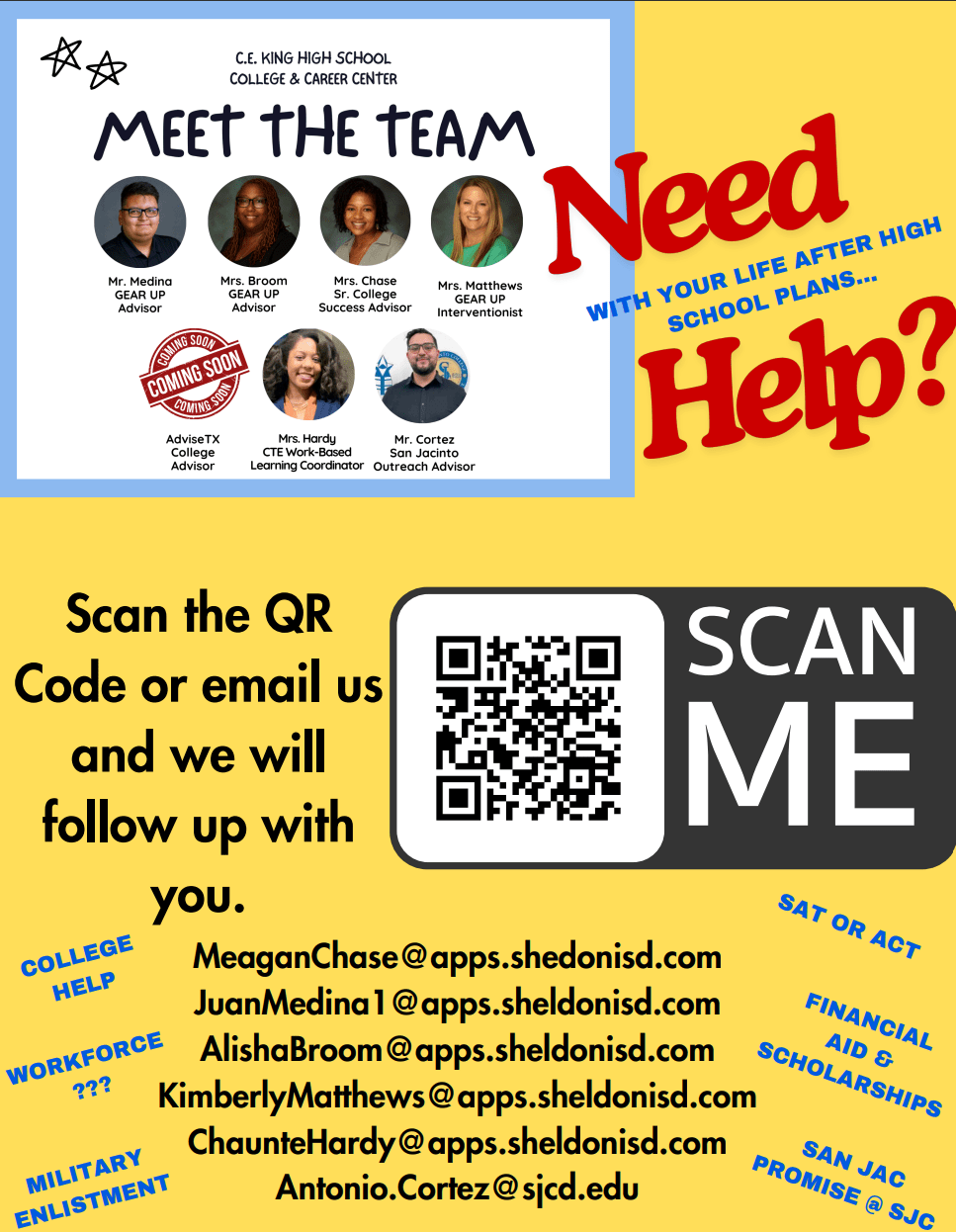 Graphic for help with College, ACT, Financial Aid, Work force, Military Enlistments Bia our College and Career Center staff. QR code to email the staff.