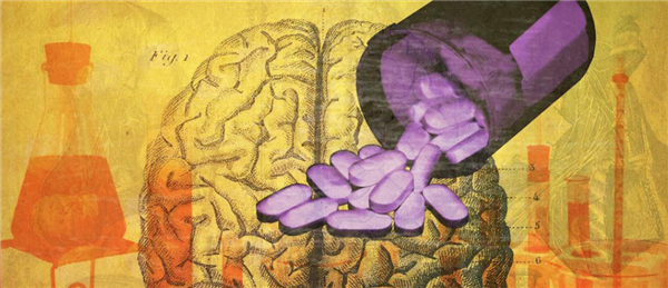 Illustration of brain with prescription pill bottle spilling pills, highlighting opioid awareness