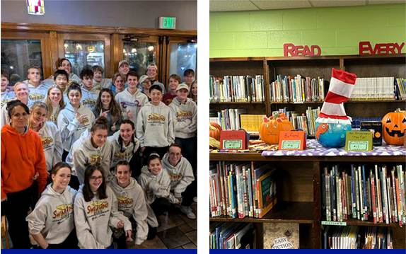 Two images featuring individuals standing before bookshelves, accompanied by a cat wearing a hat.
