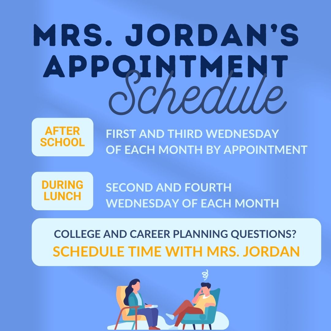 Schedule time with Mrs. Jordan | After school - first and third Wednesday of each month by appointme…