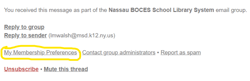 Yellow circle highlighting 'My Membership Preference' text in the email footer