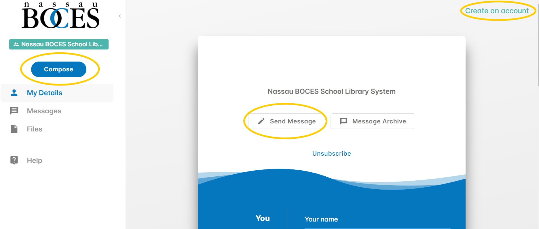 Gaggle Mail screen showing buttons to compose, send, or create an account
