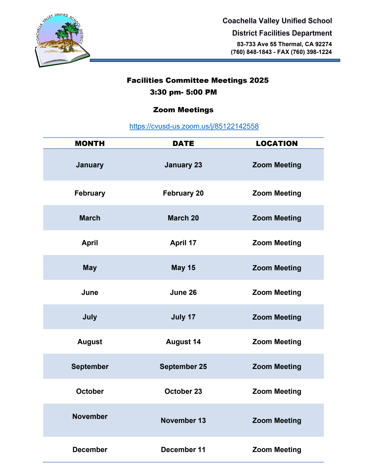 Facilities Committee Meetings 2025 (PDF)