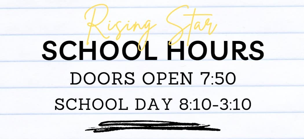 Image says Doors Open 7:50, School Day 8:10-3:10 