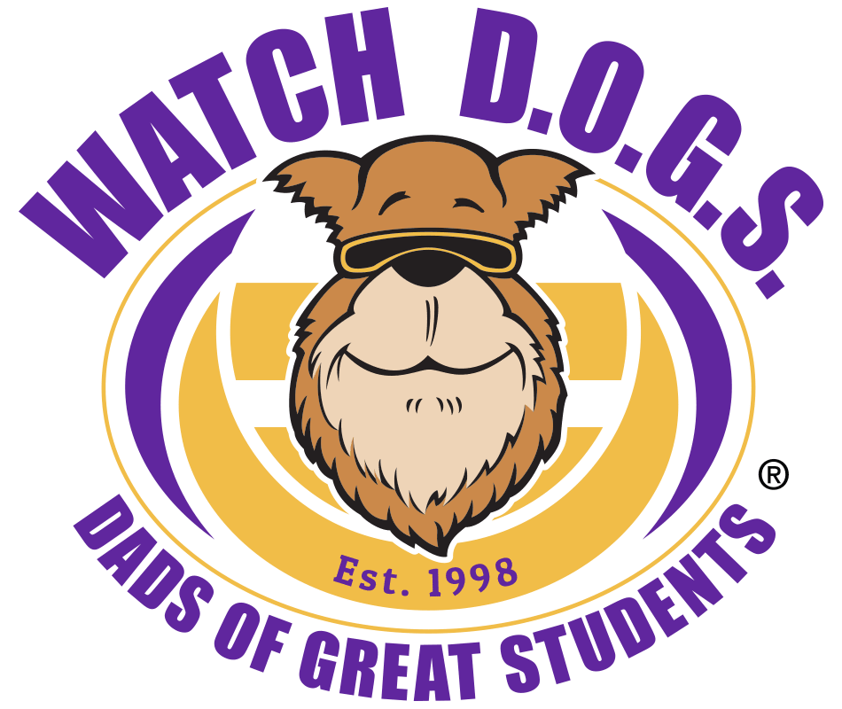 A cartoon dog wearing a headband is centered in the foreground, with the words WATCH D.O.G.S. DADS OF GREAT STUDENTS encircling it against a yellow and purple background.