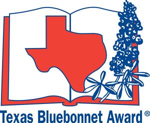 Open book icon with texas state in red and a blue bonnet flower, labeled texas bluebonnet award