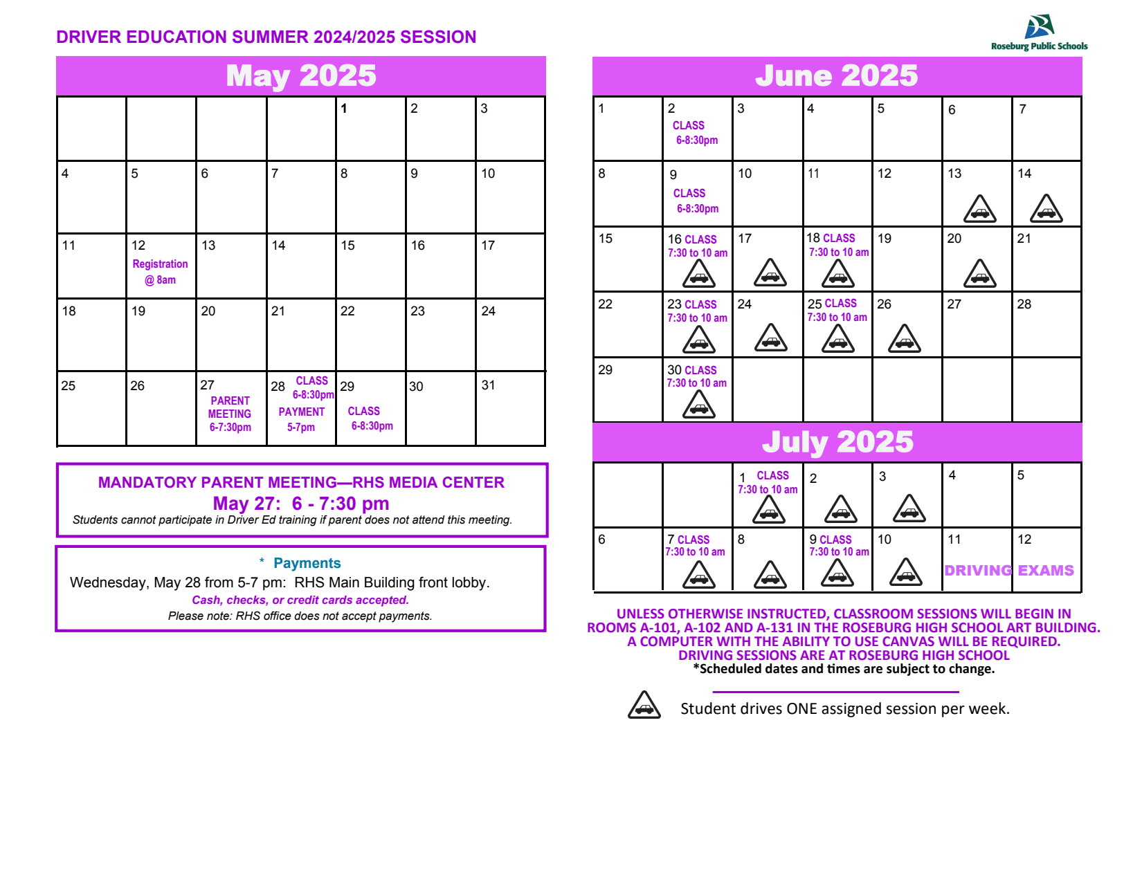 2024-25 summer drive ed calendar