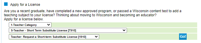 Screenshot of Wisconsin educator license application form. The user selects 'Short Term Substitute License'