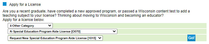 Screenshot of Wisconsin educator license application form. The user selects 'Special Education Program Aide License'