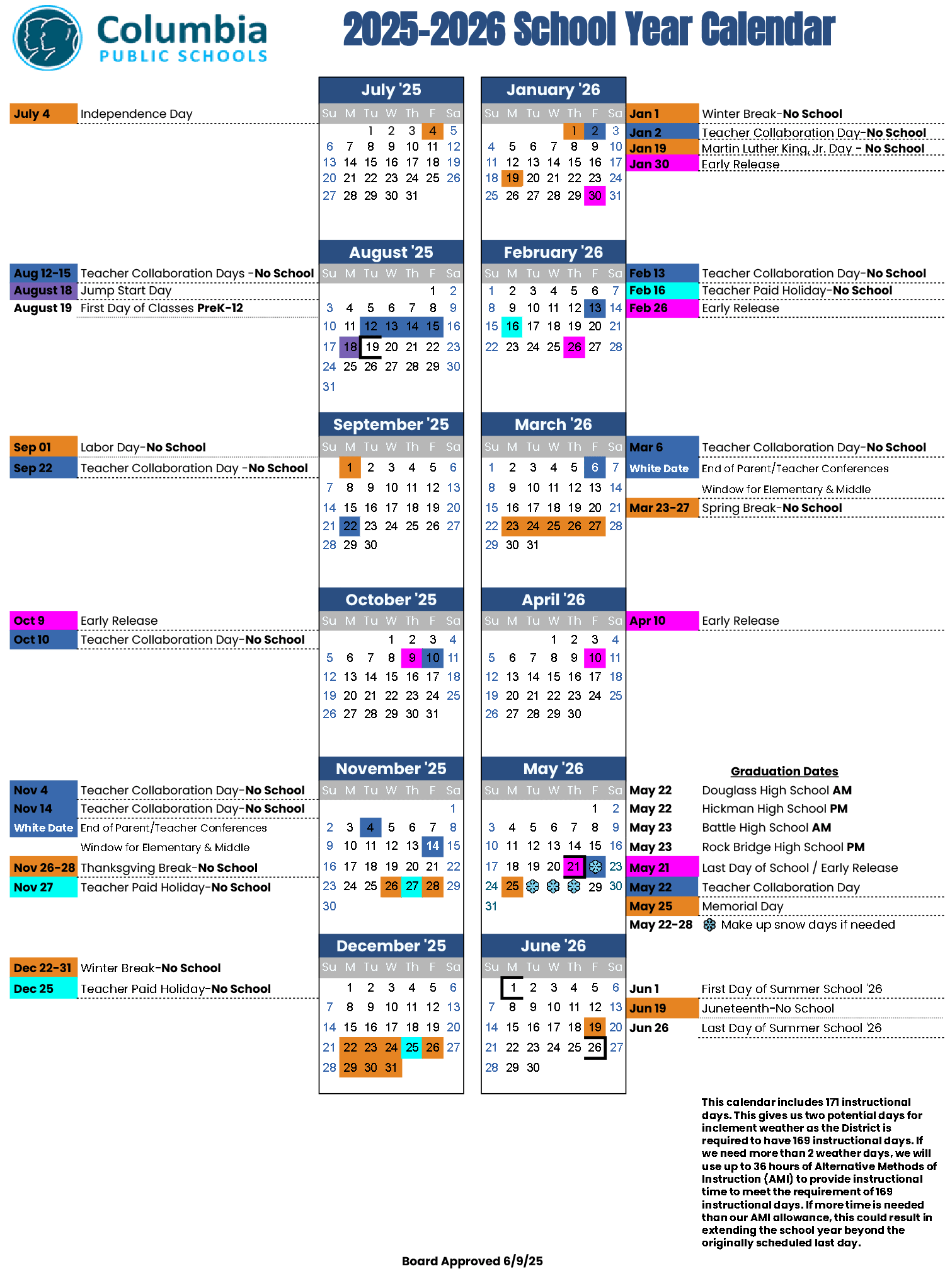 2025–2026 Columbia Public Schools Yearly Calendar