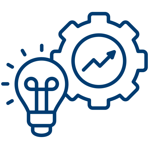 Lit light bulb and a gear with an arrow pointing upward.
