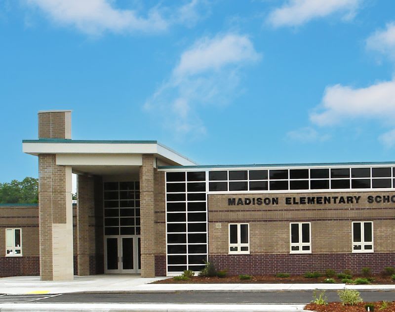 Madison Elementary School entrance with modern windows and brick exterior