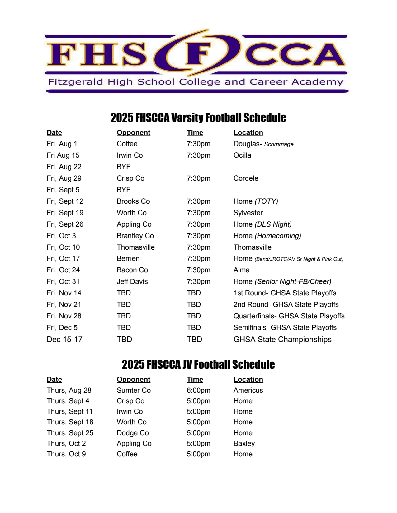 Ben Hill County Schools: FHSCCA Purple Hurricanes Coaching Staff