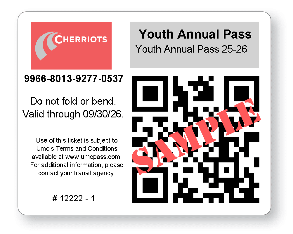 Mẫu Thẻ thông hành thường niên Cherriots Youth cho thấy thiết kế mặt trước của thẻ.