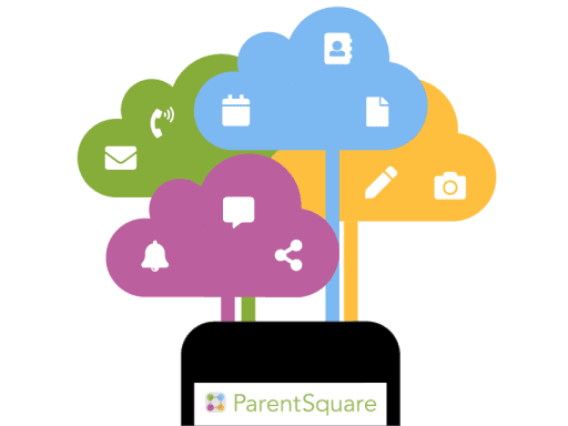 ParentSquare graphic - phone icon with blue, green, yellow and pink clouds