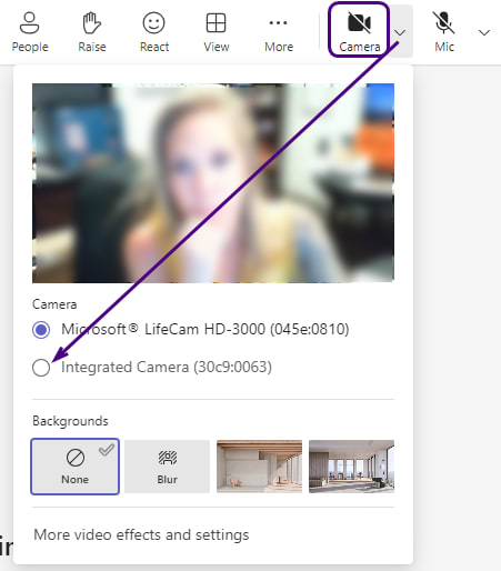 Teams screenshot of camera options. Camera button is marked with dropdown menu showing more options.