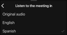 Screenshot: Listen to the meeting in Original audio, English, Spanish