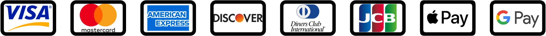 We accept Visa, Mastercard, American Express, Discover, Diners Club, JCB, Apple Pay, and Google Pay.