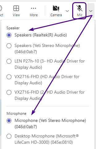 Click the down arrow next to the microphone icon and select a different mic or speaker. 