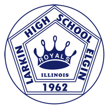 The image depicts a circular seal or emblem featuring the text %22LARKIN HIGH SCHOOL ROYALS ILLINOIS 1962%22 surrounding a crown-like symbol in the center.