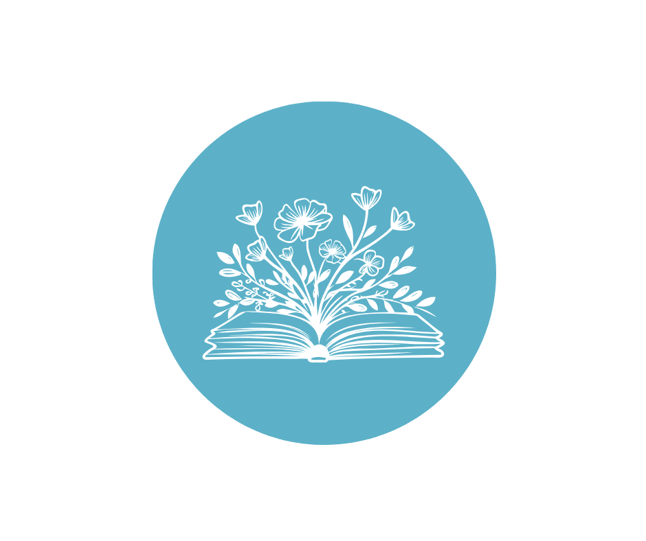 Open book with flowers on a light blue oval background.