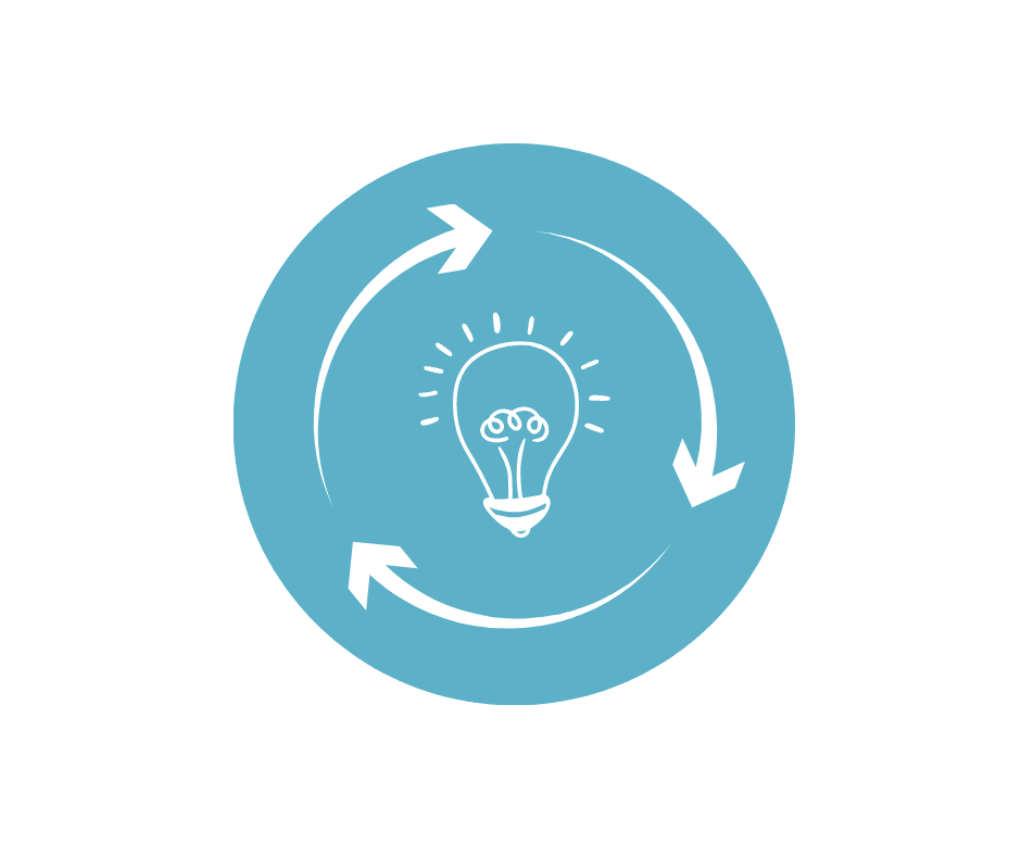 Light bulb with circular arrows on a teal background.