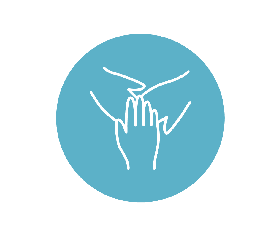 Two hands reaching toward each other on teal.