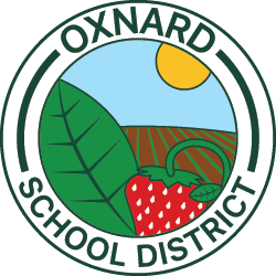 Oxnard School District logo featuring a strawberry, green leaf, farmland, and a sun.