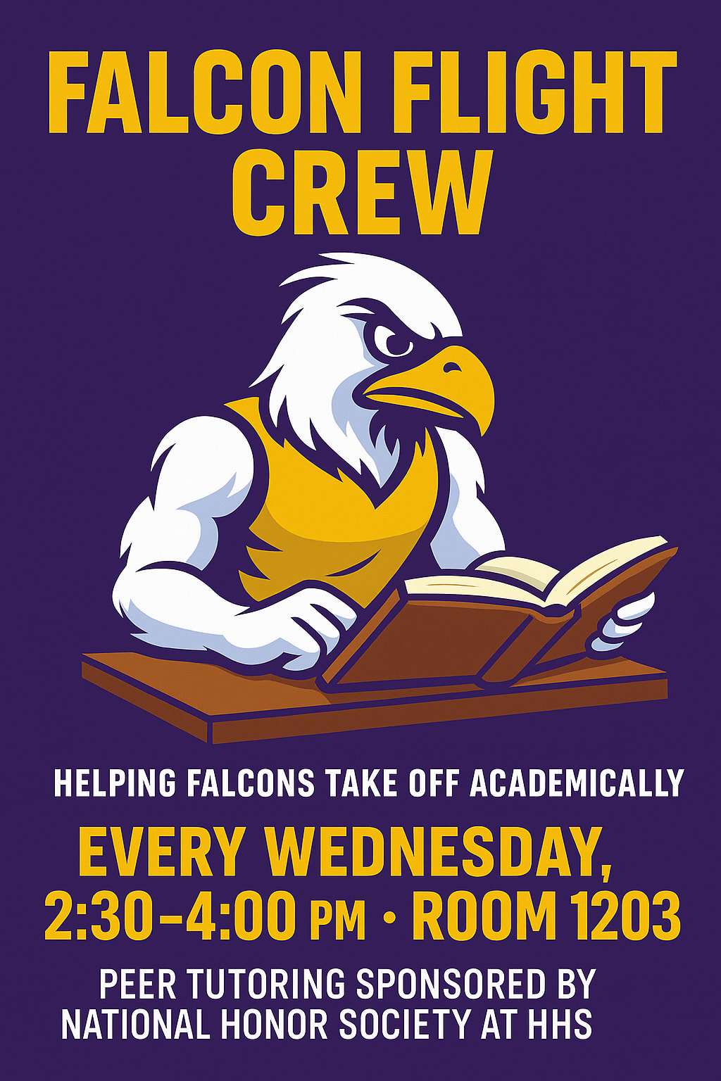 The image features a cartoon falcon character sitting at a desk, with the text "FALCON FLIGHT CREW" and information about a peer tutoring program sponsored by the National Honor Society at the high school.