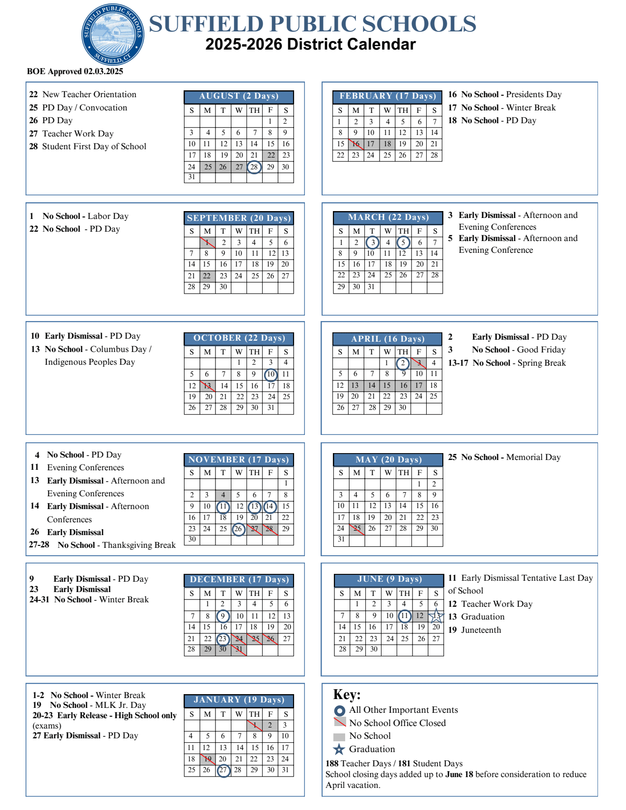 2025 2026 School Calendar Suffield Public Schools