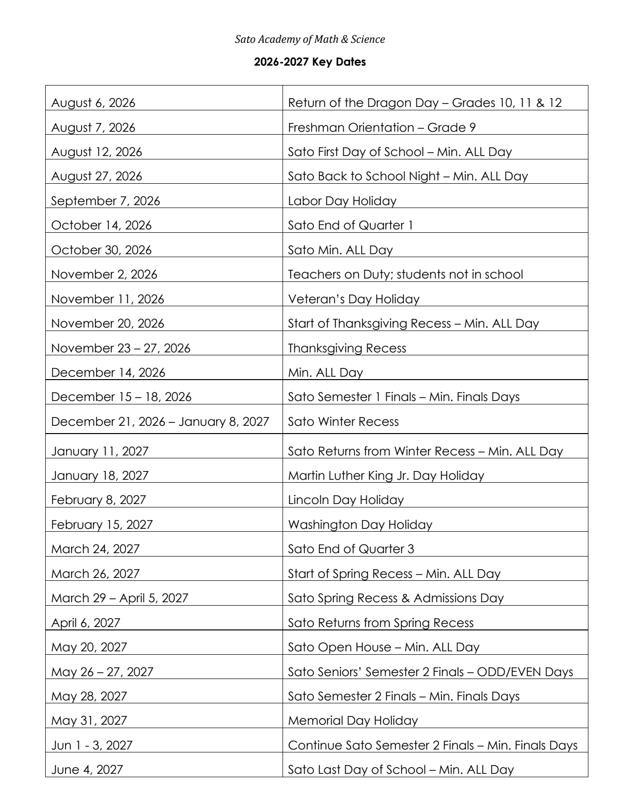 Key Dates - Sato Academy of Mathematics and Science