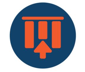 An icon with an arrow pointing up towards three pillars