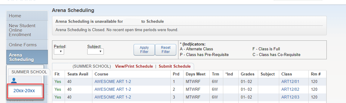 Arena Scheduling screen with school year menu highlighted; Summer School course list shown