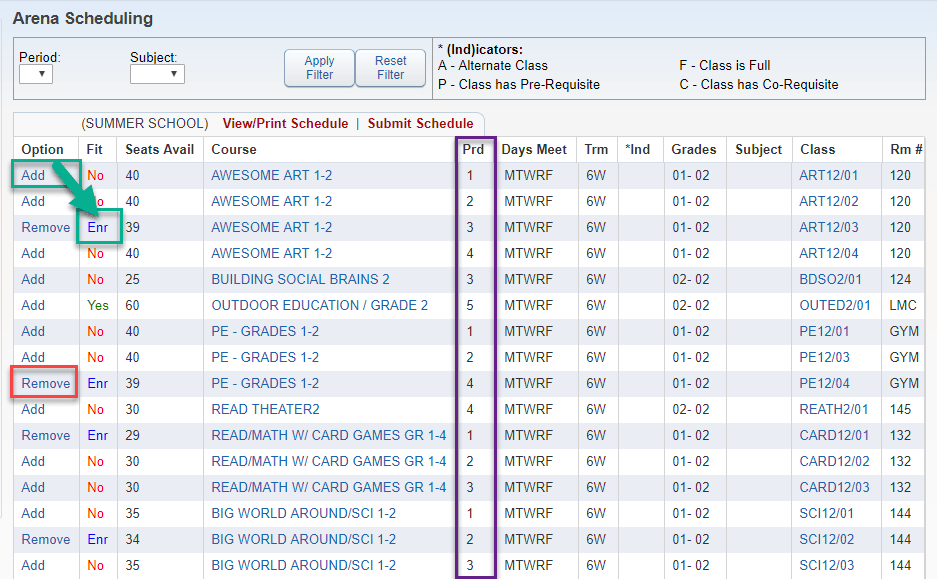Course list showing Enr in Fit column and Prd period column for selections